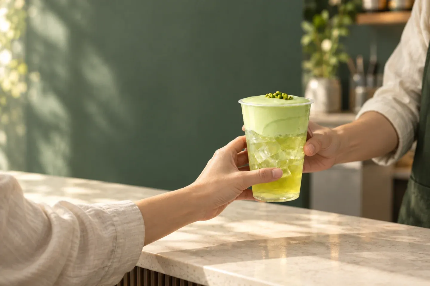 An editorial illustration of a jasmine drink being handed across a tea counter