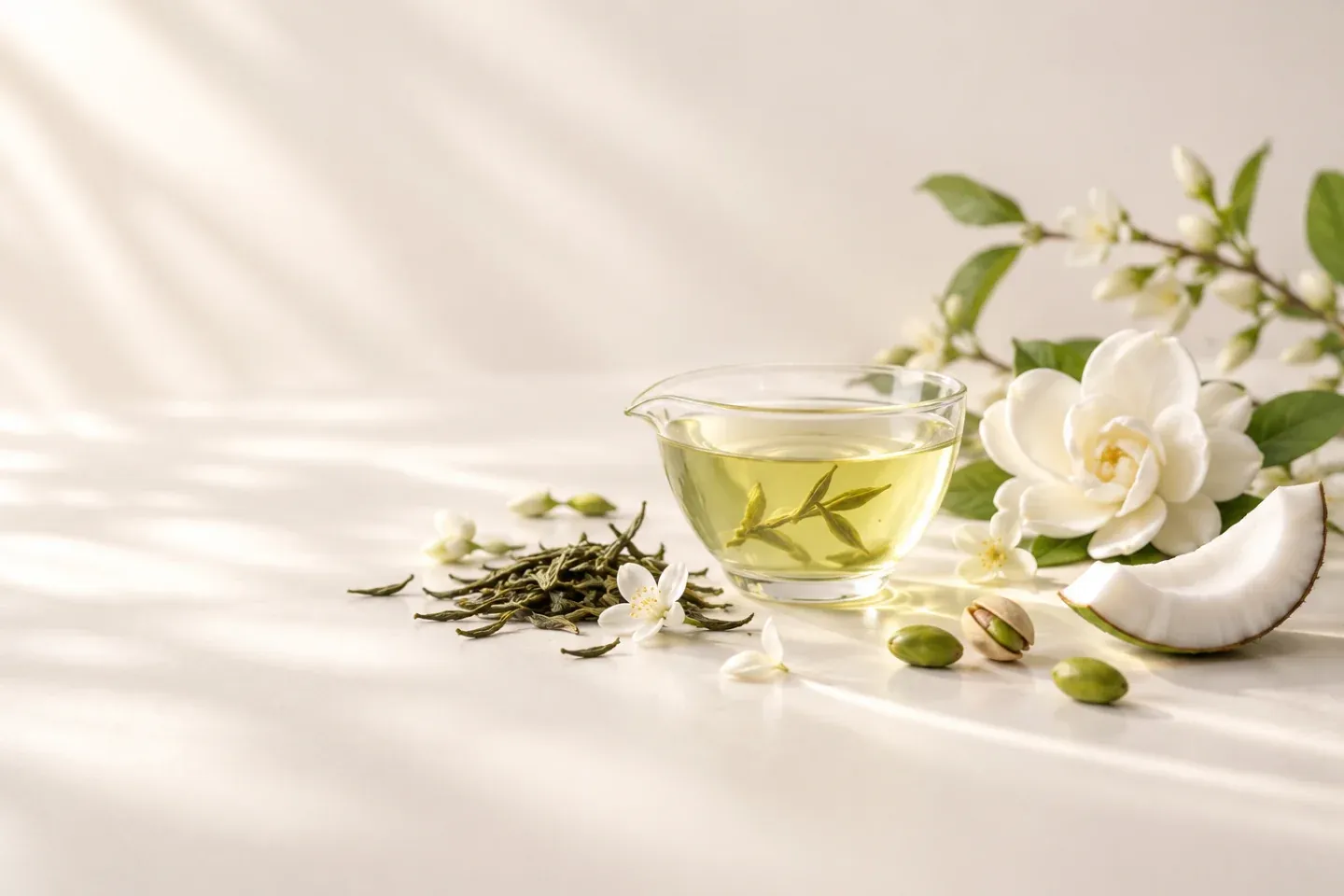 An editorial illustration of tea, flowers, coconut and pistachios