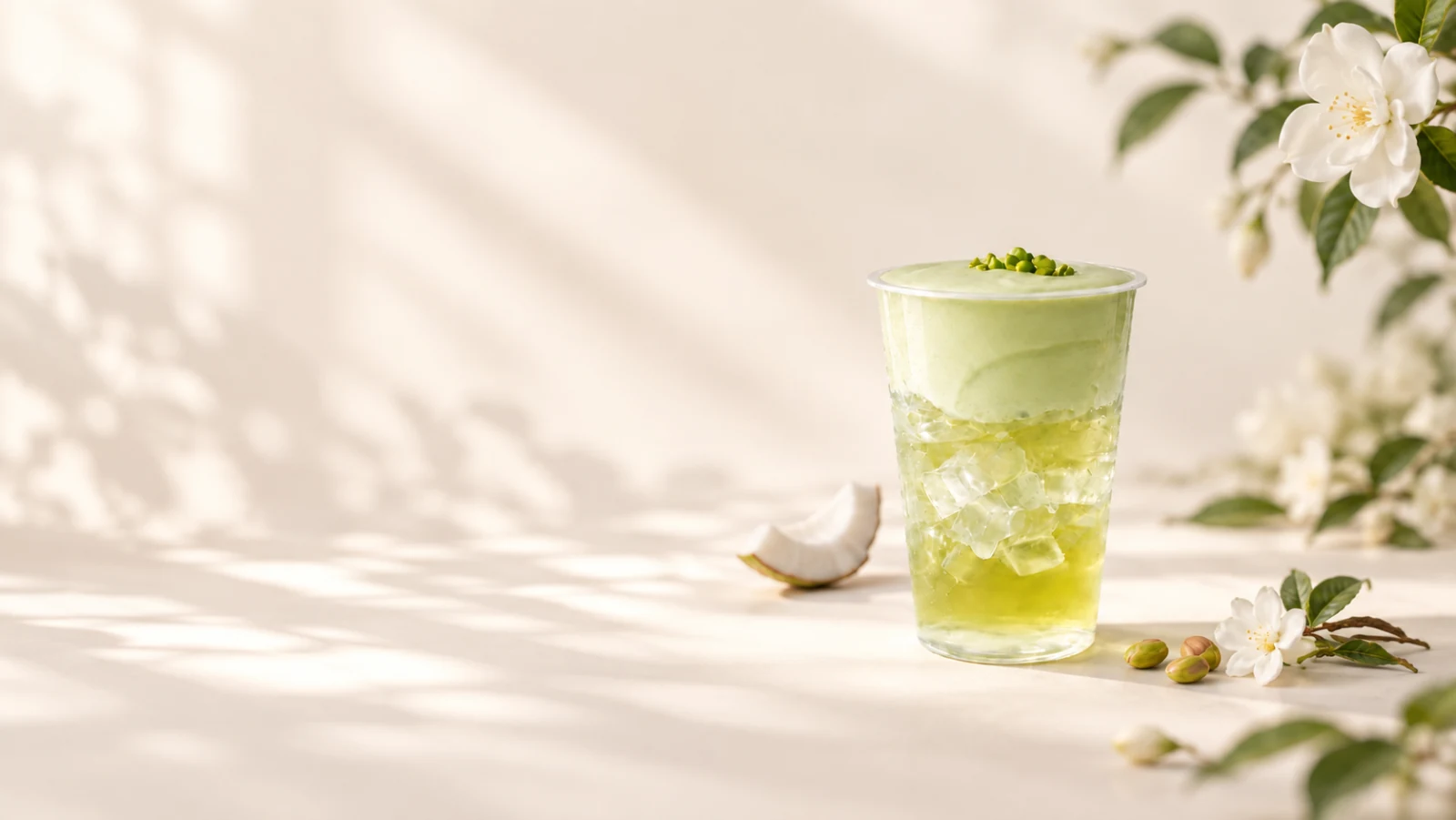 Jasmine Coco-Chio with a pistachio topping, beside coconut and flowers
