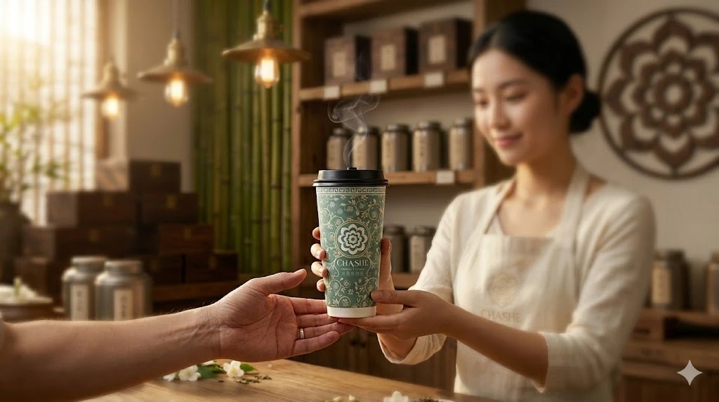 A CHASHE barista handing a freshly brewed cup of tea across the counter to a customer in a warm tea house